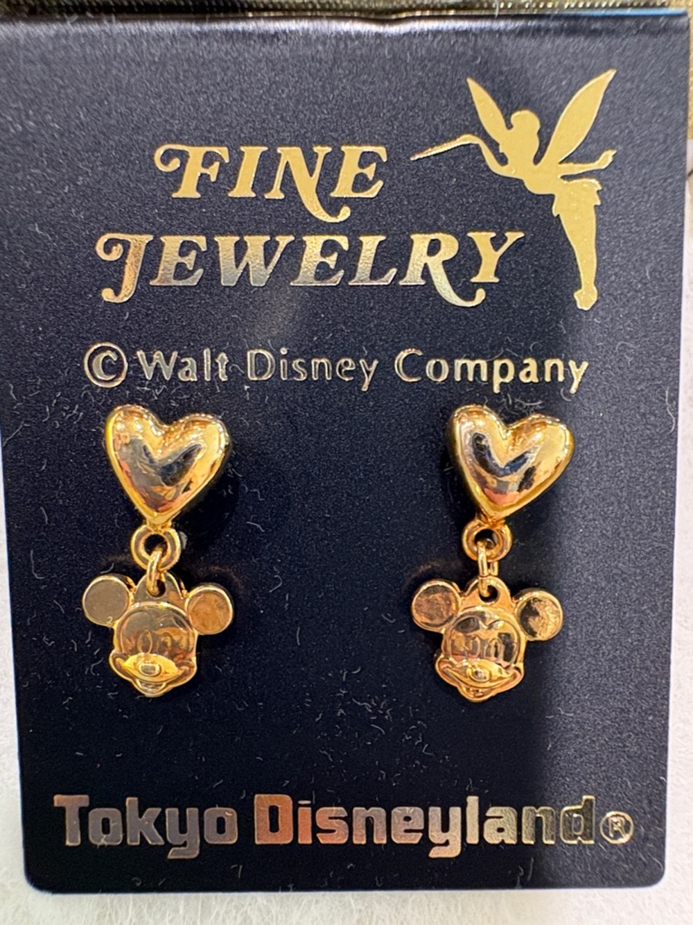 Vintage Gold Heart and Mickey Mouse Drop Earrings - Tokyo Disneyland